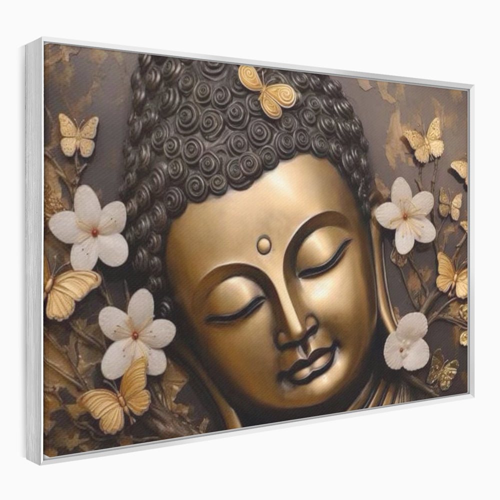 Tablou canvas cu tablou canvas cu capul lui buddha, in rama de aluminiu argintiu