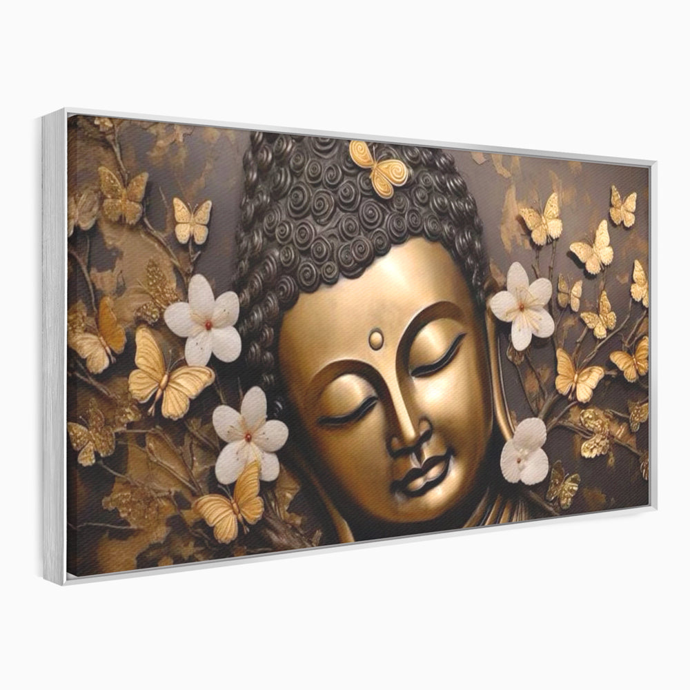 Tablou canvas cu tablou canvas cu capul lui buddha, in rama de aluminiu argintiu