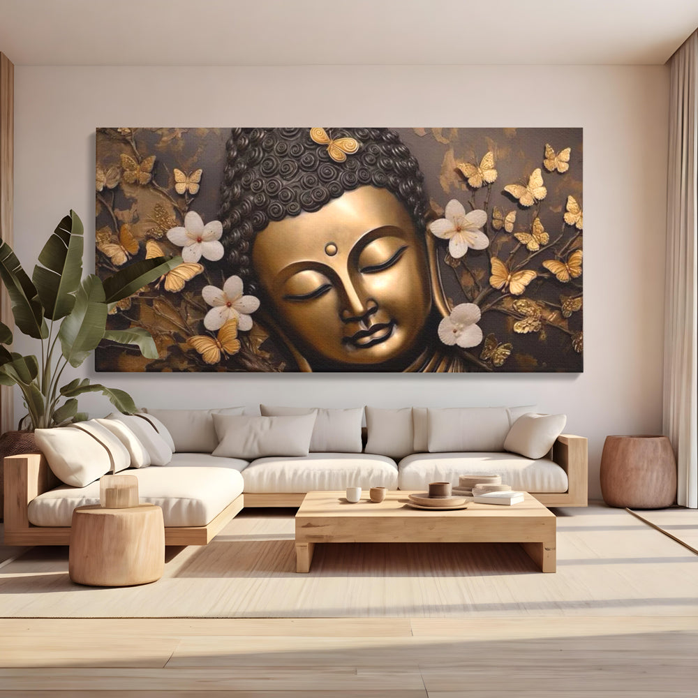 Tablou canvas cu tablou canvas cu capul lui buddha, fara rama, pe sasiu de lemn, pe perete intr-un living