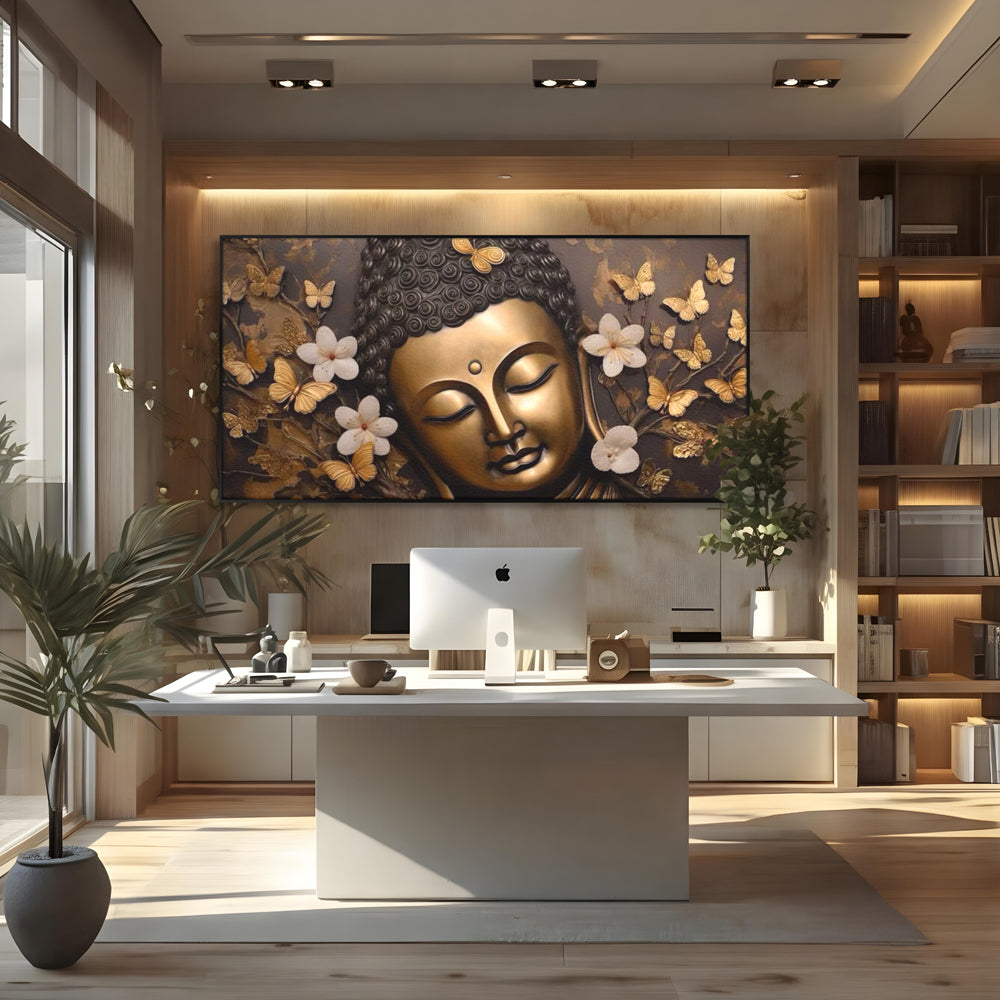 Tablou canvas cu tablou canvas cu capul lui buddha, in rama de aluminiu negru, pe perete intr-un birou