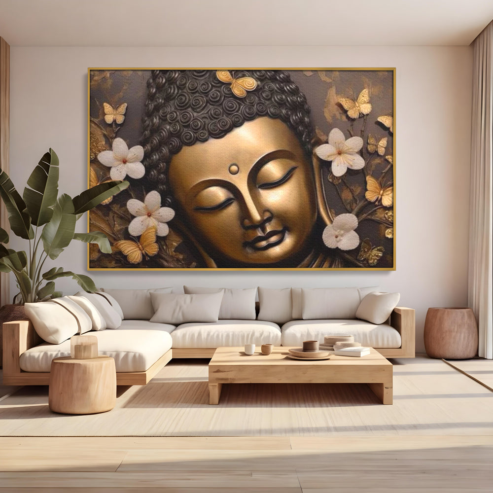 Tablou canvas cu tablou canvas cu capul lui buddha, in rama de aluminiu auriu, pe perete intr-un living