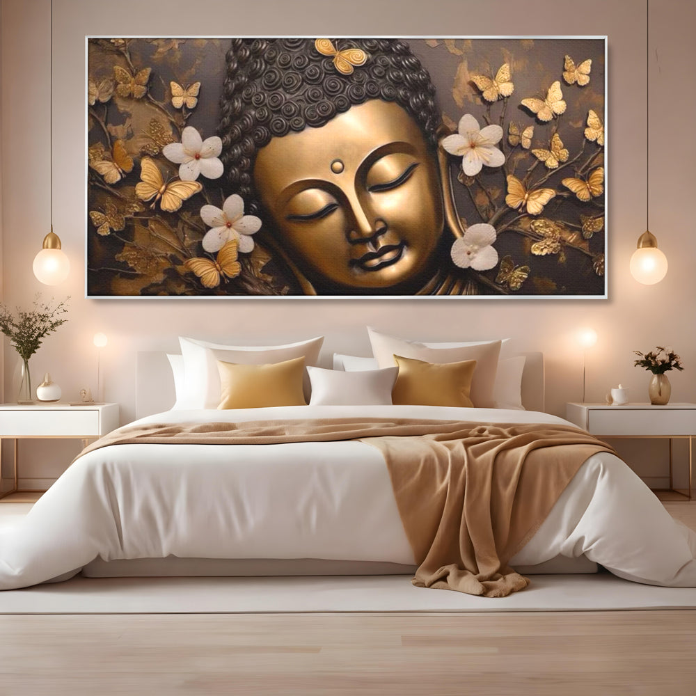 Tablou canvas cu tablou canvas cu capul lui buddha, in rama de aluminiu argintiu, pe perete intr-un dormitor
