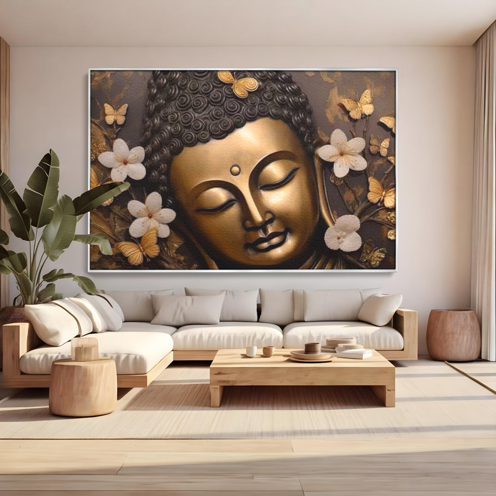 Tablou canvas cu tablou canvas cu capul lui buddha, in rama de aluminiu argintiu, pe perete intr-un living