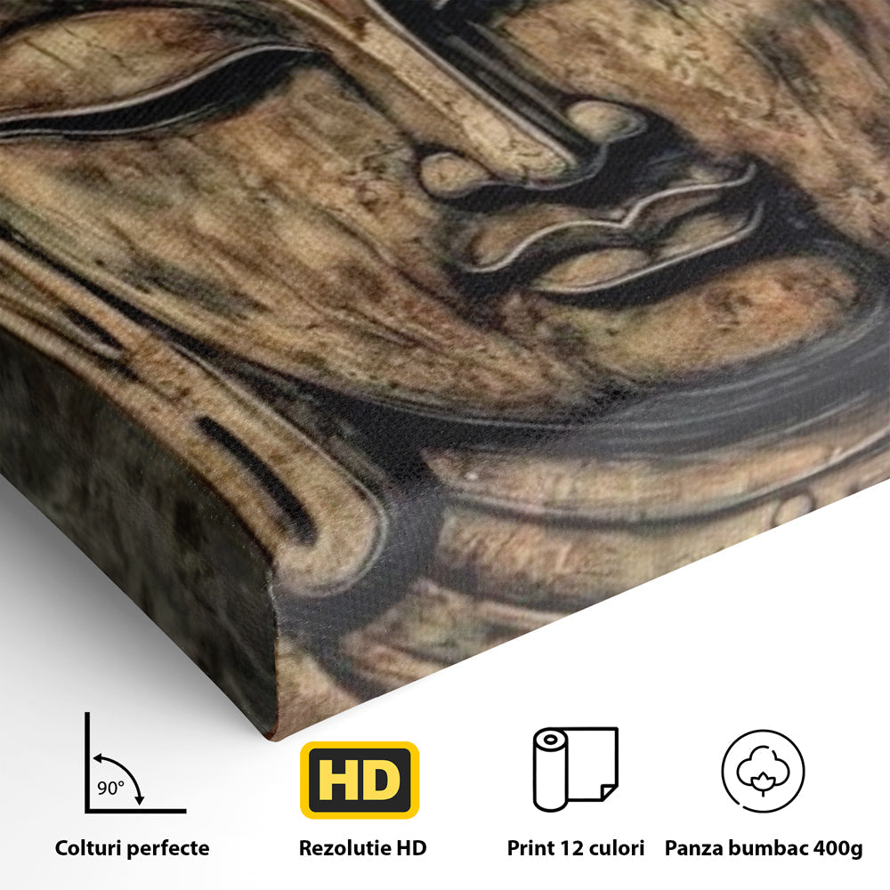 Detaliu al suprafetei: tablou canvas cu capul lui buddha, fara rama, pe sasiu de lemn