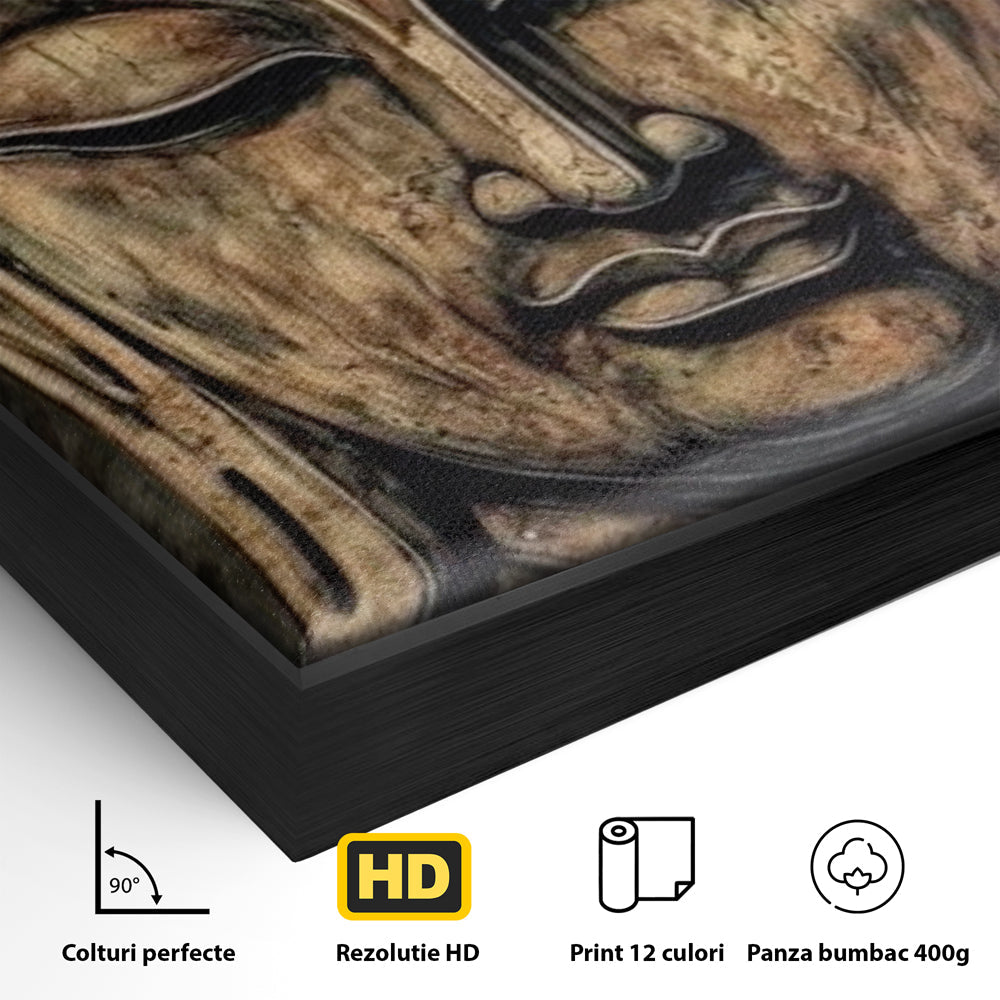 Detaliu al suprafetei: tablou canvas cu capul lui buddha, in rama de aluminiu negru