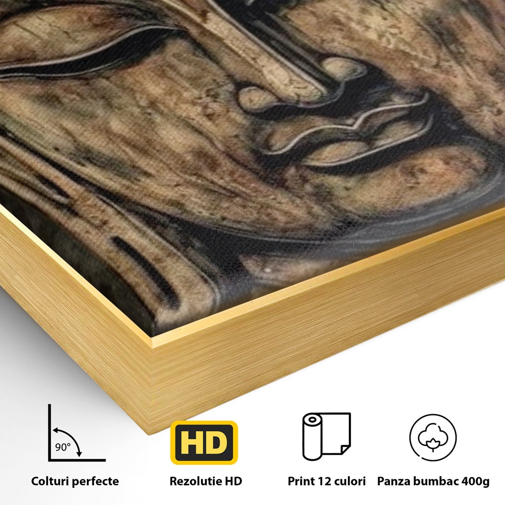 Detaliu al suprafetei: tablou canvas cu capul lui buddha, in rama de aluminiu auriu