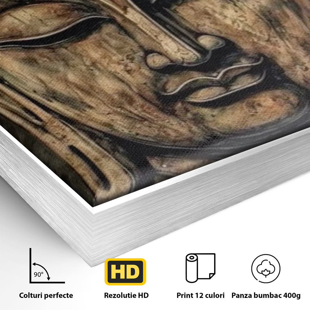 Detaliu al suprafetei: tablou canvas cu capul lui buddha, in rama de aluminiu argintiu