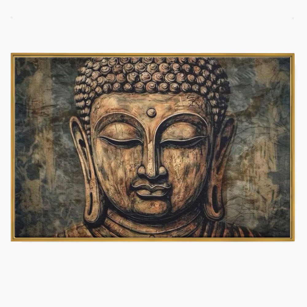 Tablou canvas cu tablou canvas cu capul lui buddha, in rama de aluminiu auriu