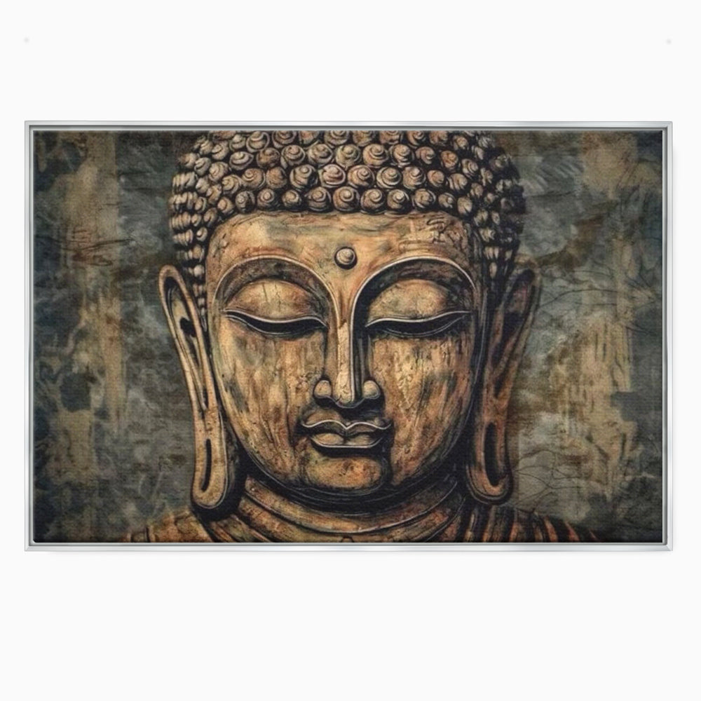 Tablou canvas cu tablou canvas cu capul lui buddha, in rama de aluminiu argintiu