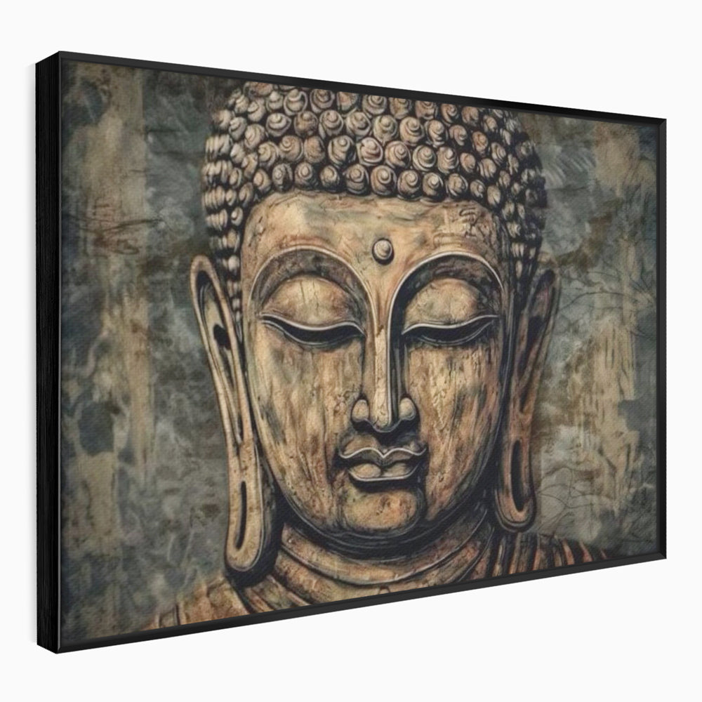 Tablou canvas cu tablou canvas cu capul lui buddha, in rama de aluminiu negru