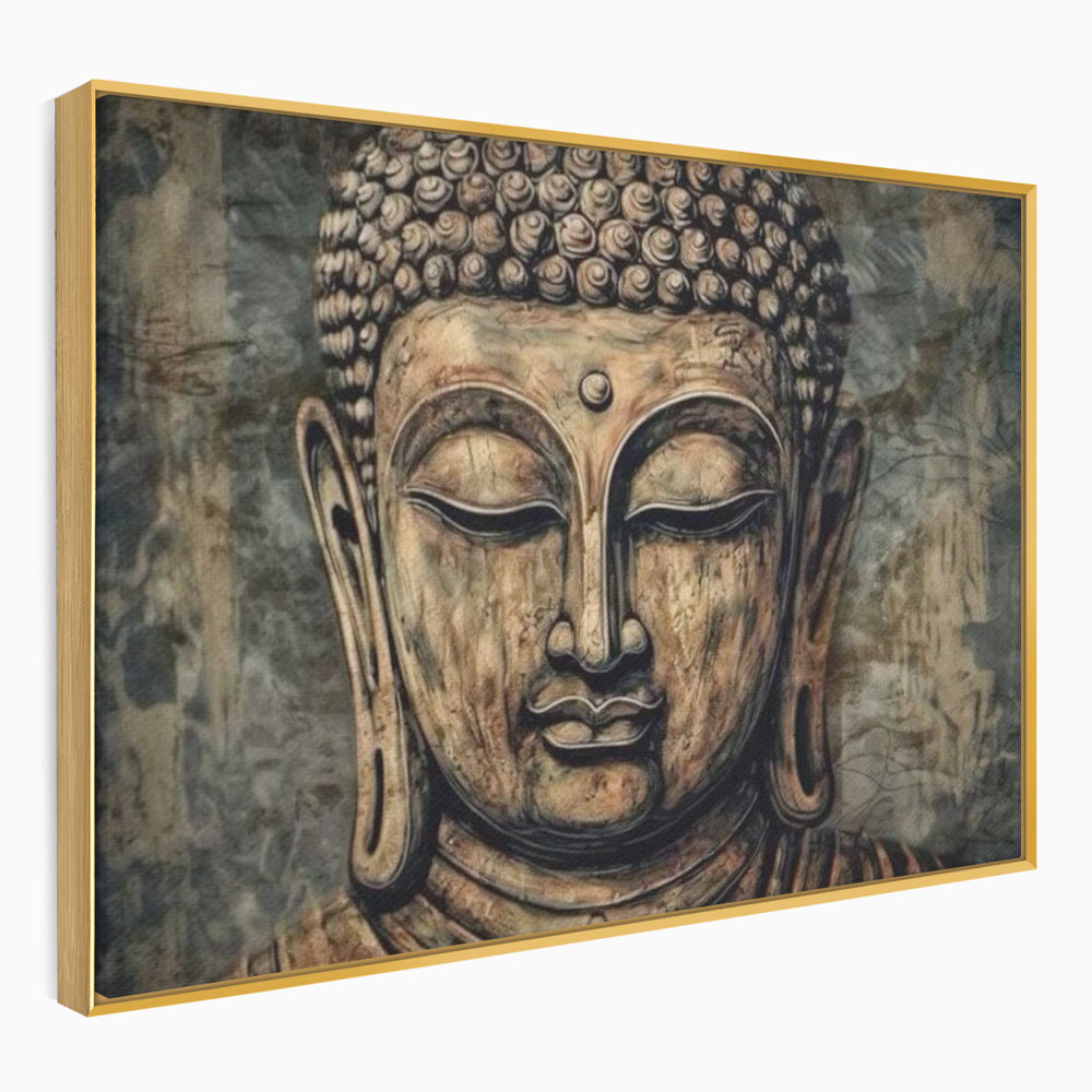 Tablou canvas cu tablou canvas cu capul lui buddha, in rama de aluminiu auriu