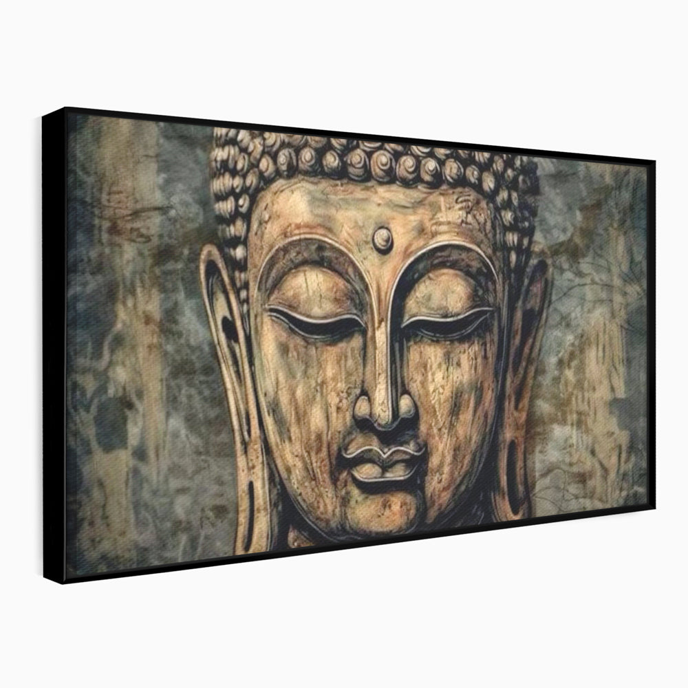 Tablou canvas cu tablou canvas cu capul lui buddha, in rama de aluminiu negru