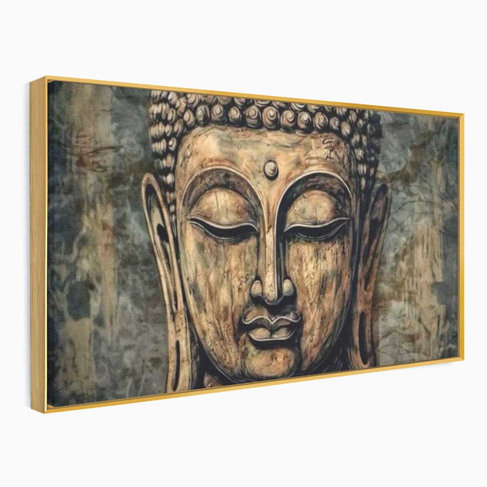 Tablou canvas cu tablou canvas cu capul lui buddha, in rama de aluminiu auriu