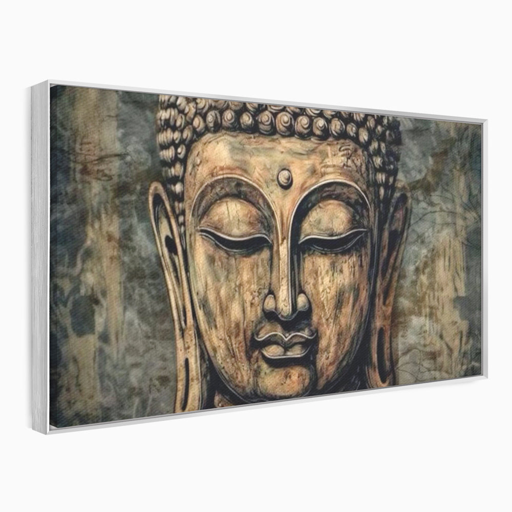 Tablou canvas cu tablou canvas cu capul lui buddha, in rama de aluminiu argintiu