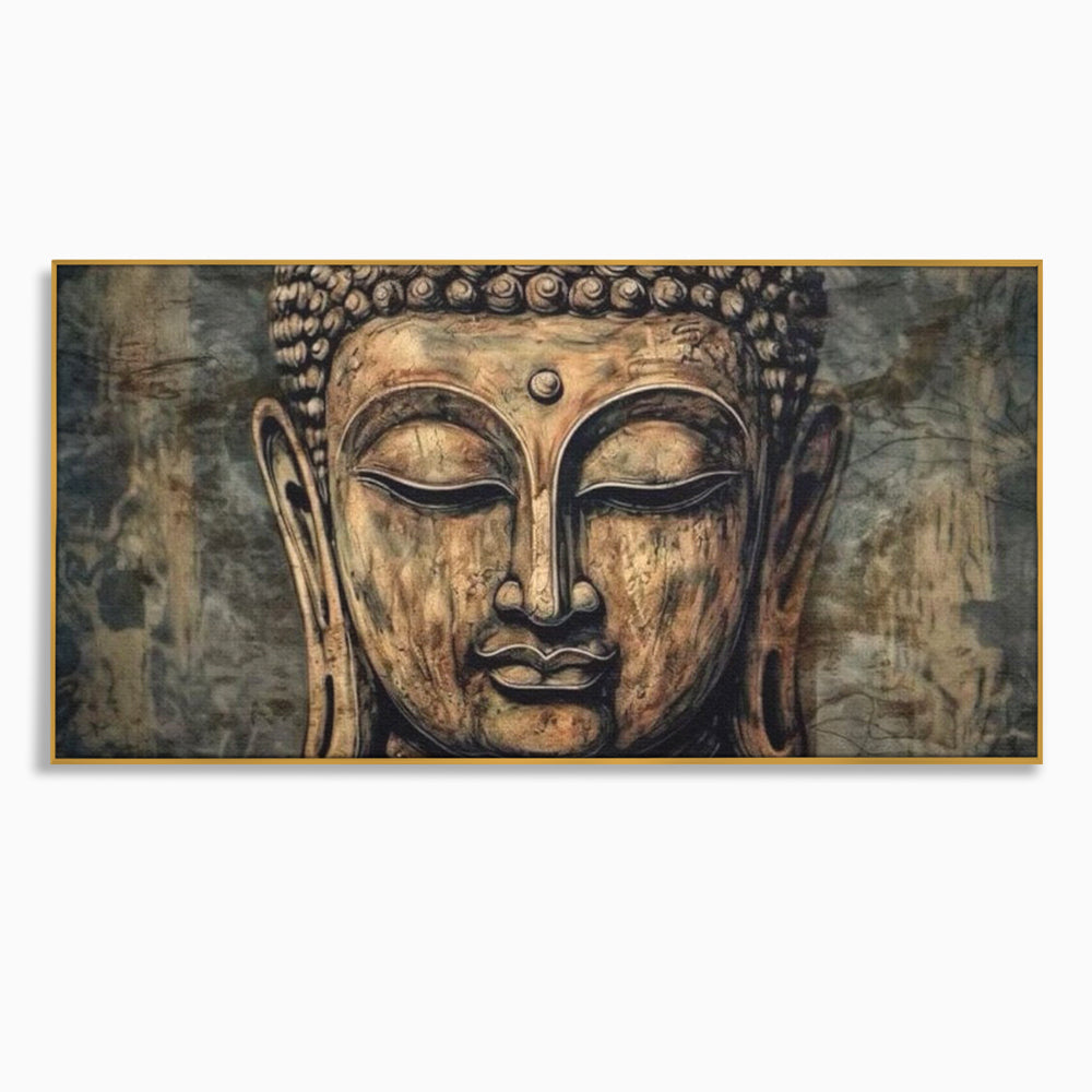 Tablou canvas cu tablou canvas cu capul lui buddha, in rama de aluminiu auriu