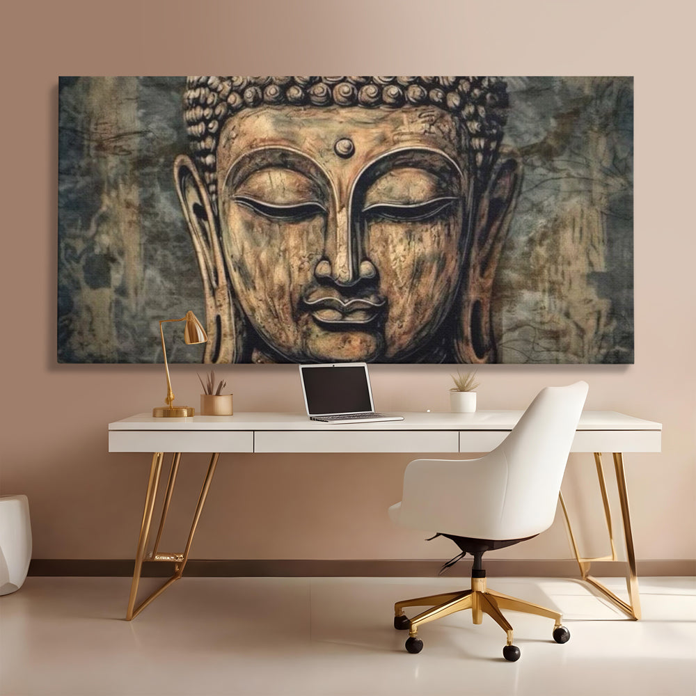 Tablou canvas cu tablou canvas cu capul lui buddha, fara rama, pe sasiu de lemn, pe perete intr-un birou