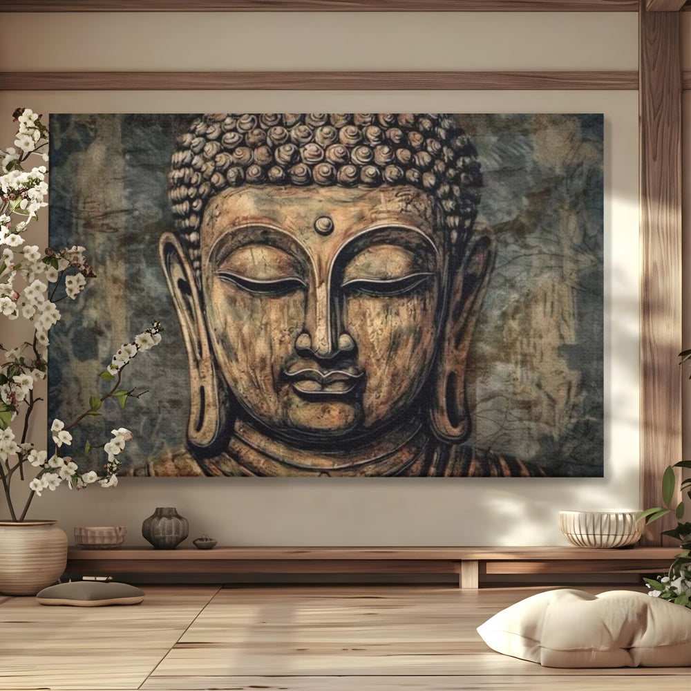 Tablou canvas cu tablou canvas cu capul lui buddha, fara rama, pe sasiu de lemn