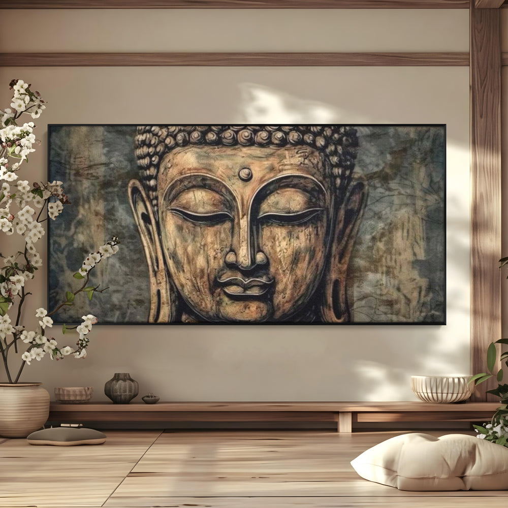 Tablou canvas cu tablou canvas cu capul lui buddha, in rama de aluminiu negru