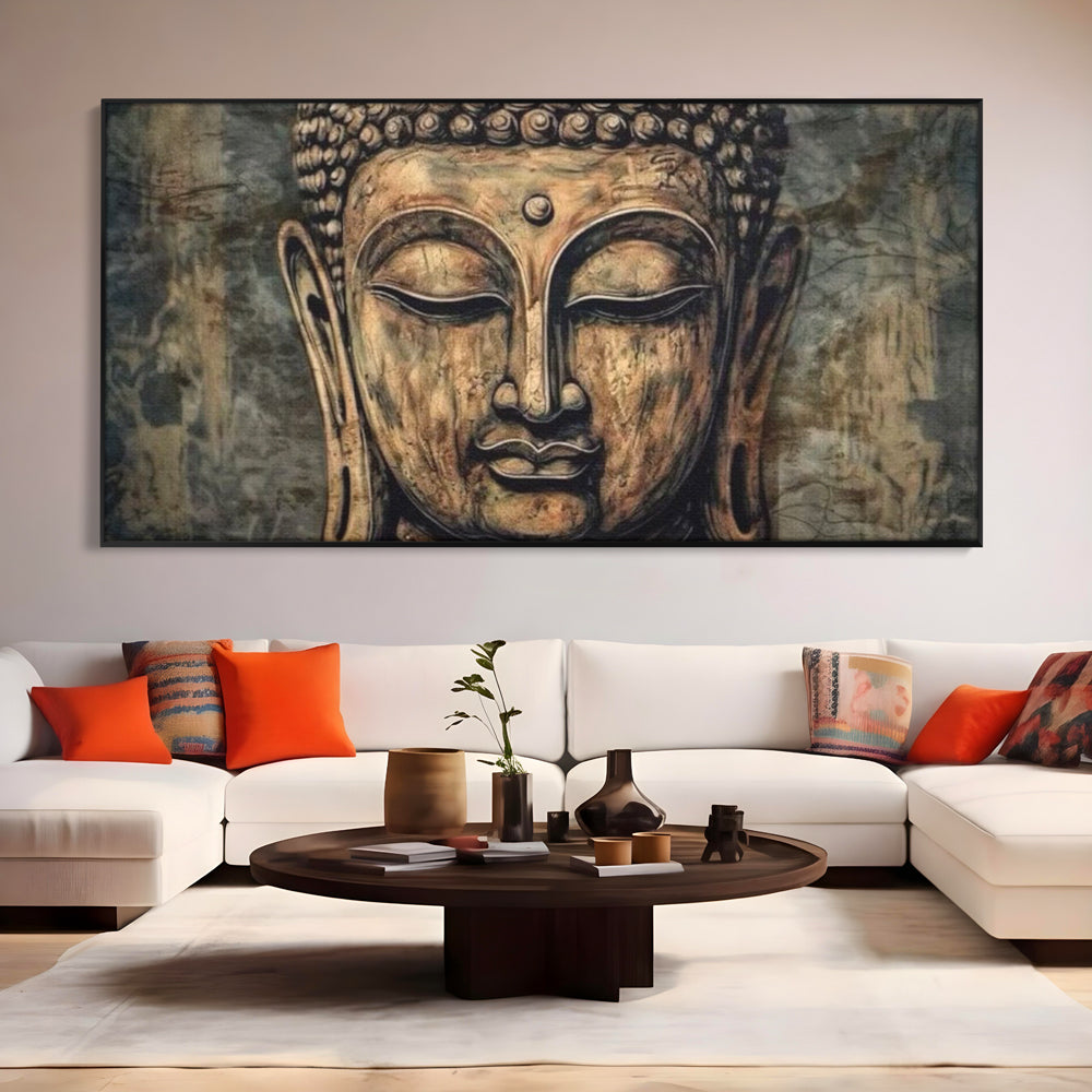 Tablou canvas cu tablou canvas cu capul lui buddha, in rama de aluminiu negru, pe perete intr-un living