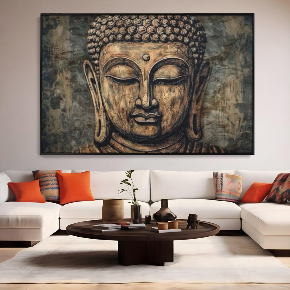 Tablou canvas cu tablou canvas cu capul lui buddha, in rama de aluminiu negru, pe perete intr-un living
