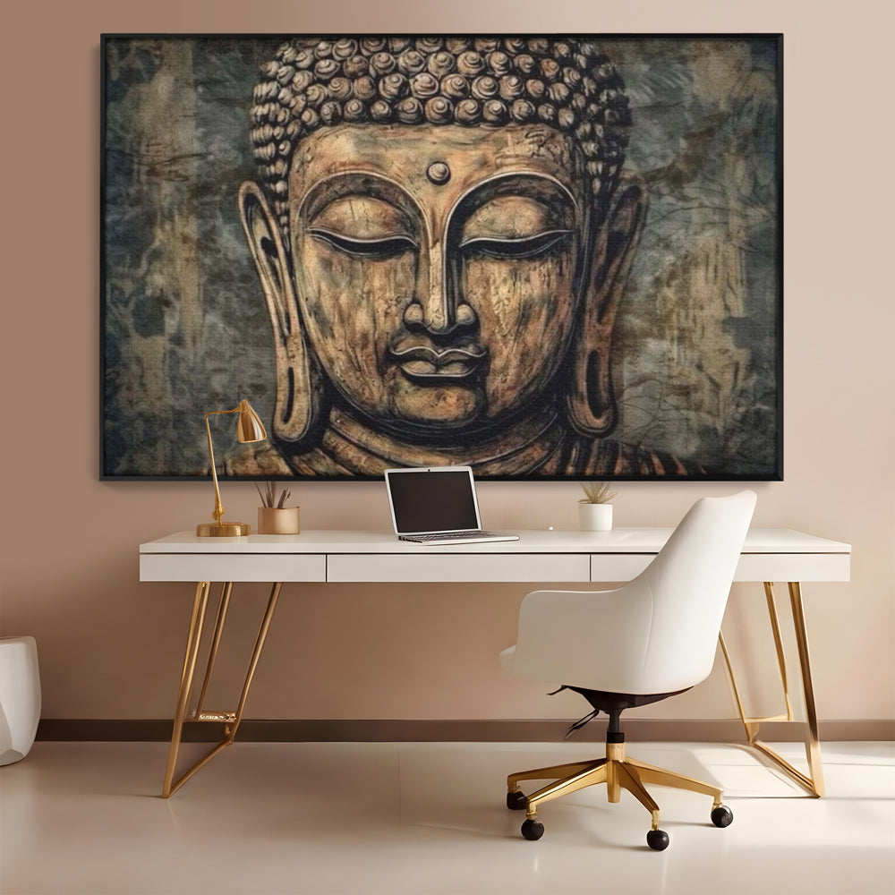 Tablou canvas cu tablou canvas cu capul lui buddha, in rama de aluminiu negru, pe perete intr-un birou