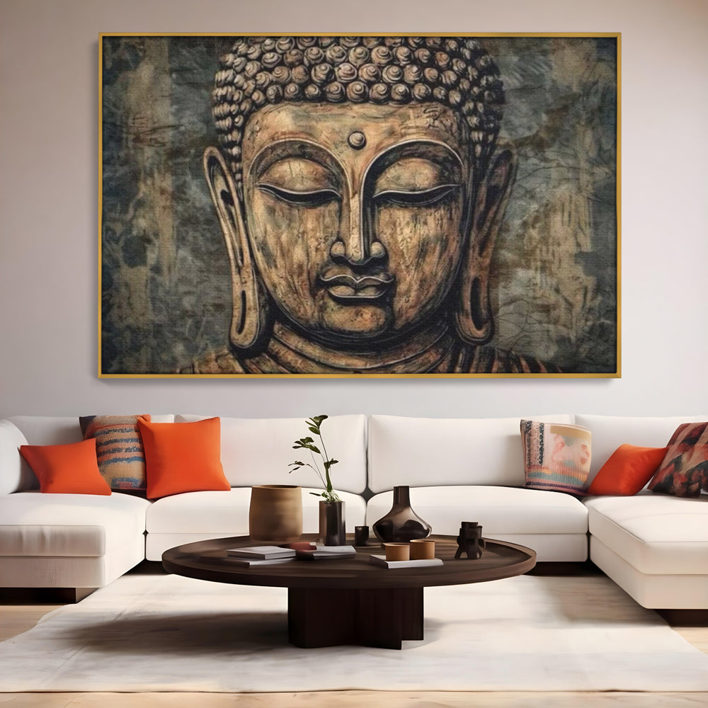 Tablou canvas cu tablou canvas cu capul lui buddha, in rama de aluminiu auriu, pe perete intr-un living