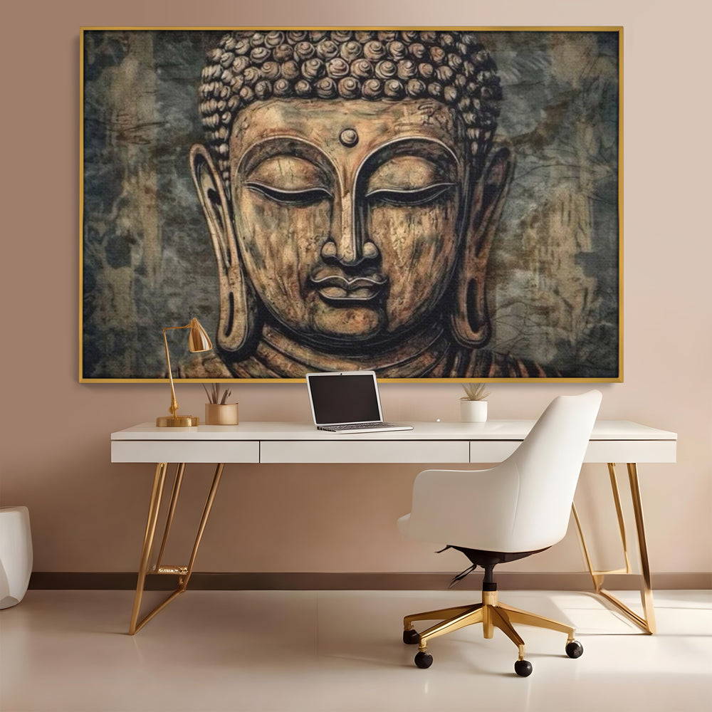 Tablou canvas cu tablou canvas cu capul lui buddha, in rama de aluminiu auriu, pe perete intr-un birou