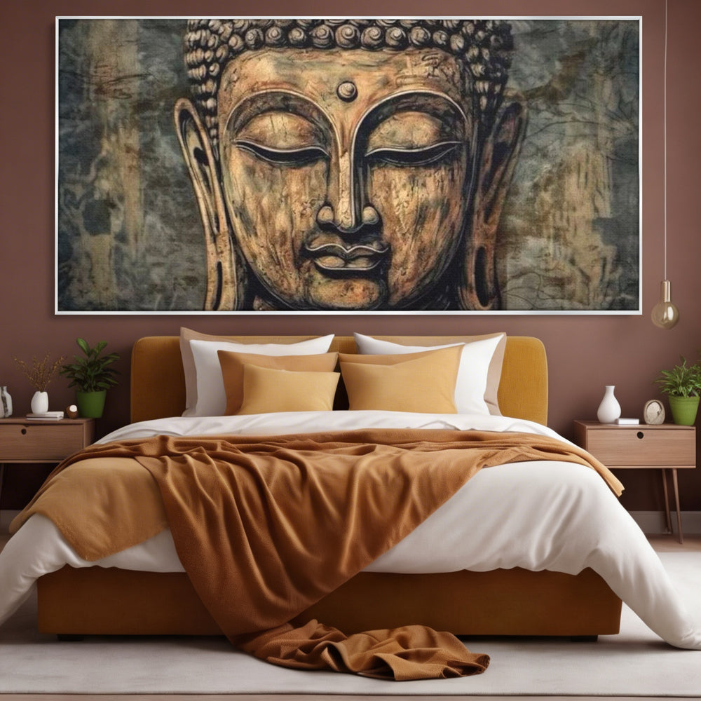 Tablou canvas cu tablou canvas cu capul lui buddha, in rama de aluminiu argintiu, pe perete intr-un dormitor