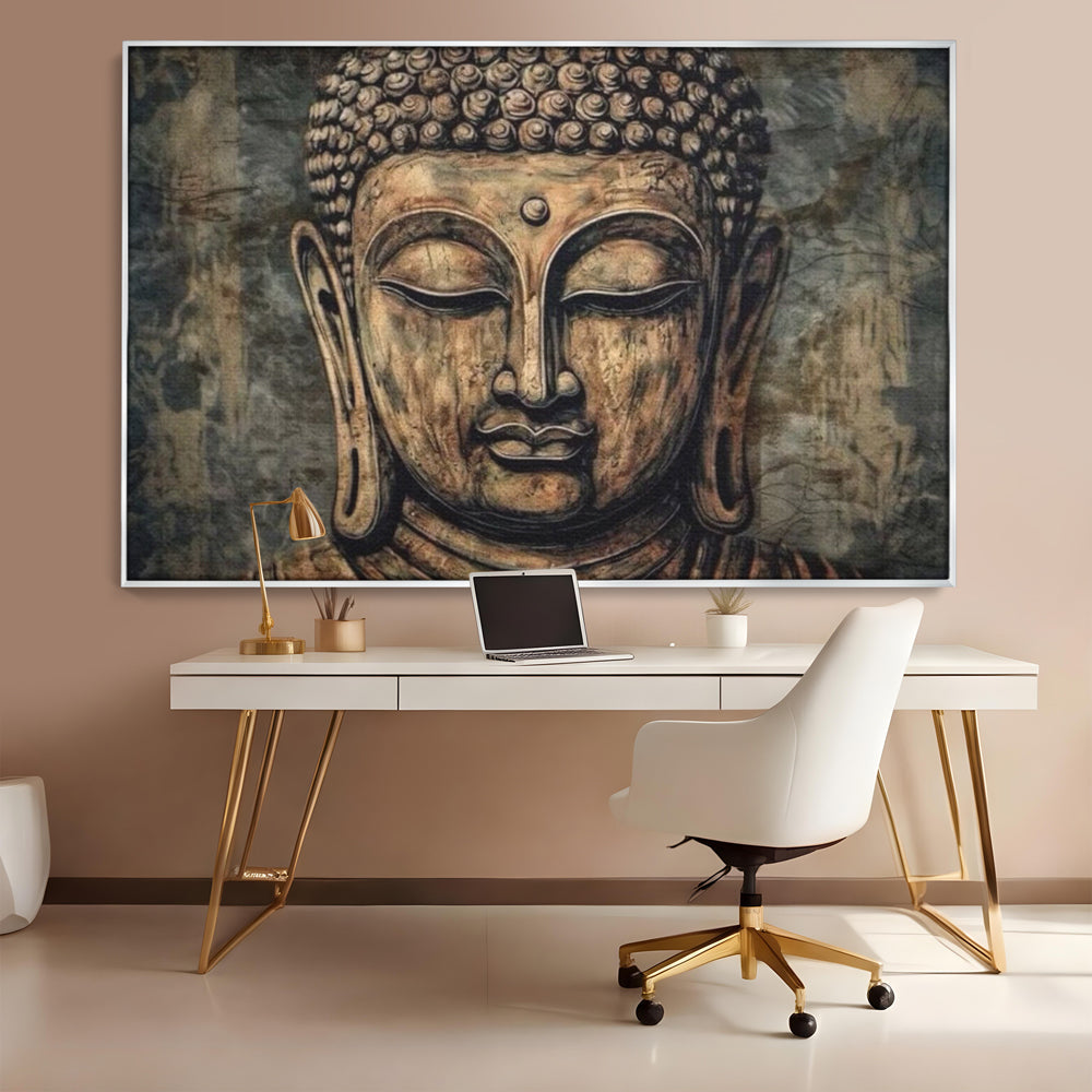 Tablou canvas cu tablou canvas cu capul lui buddha, in rama de aluminiu argintiu, pe perete intr-un birou
