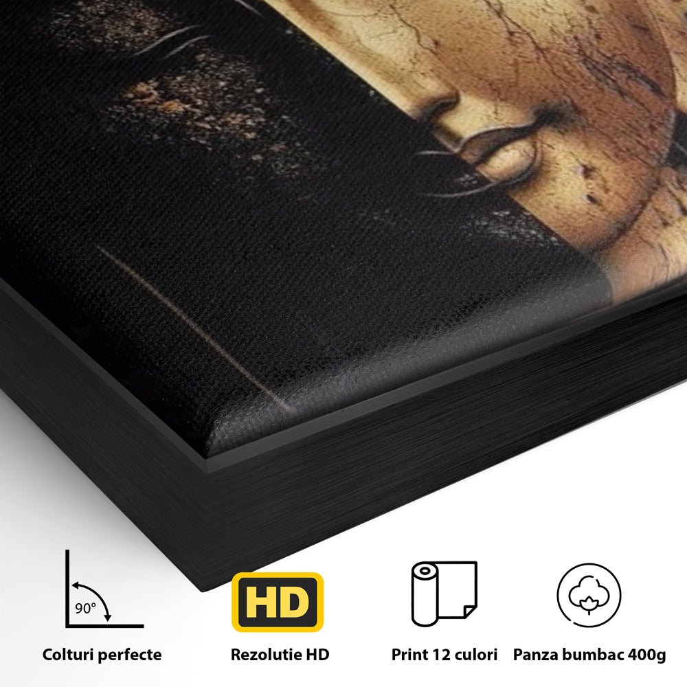 Detaliu al suprafetei: tablou canvas cu chipul lui buddha in doua culori, in rama de aluminiu negru