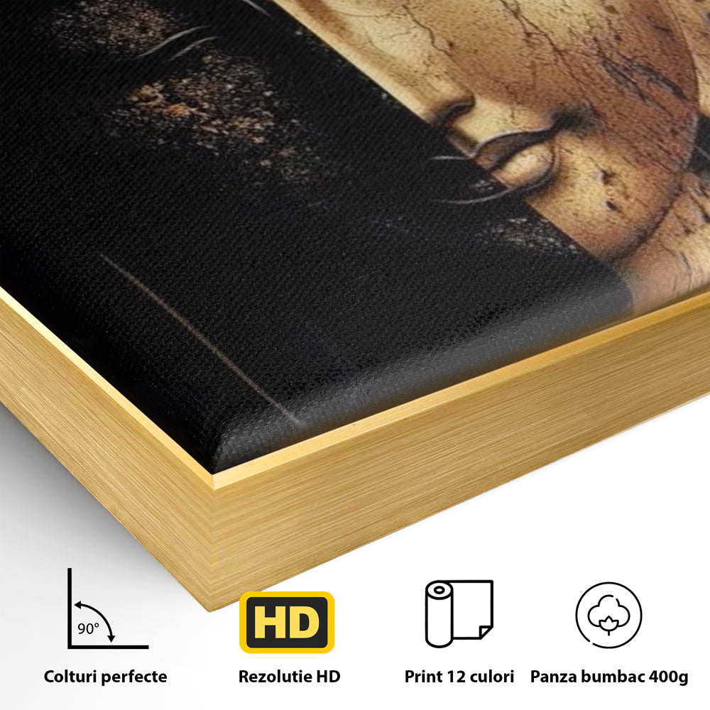 Detaliu al suprafetei: tablou canvas cu chipul lui buddha in doua culori, in rama de aluminiu auriu