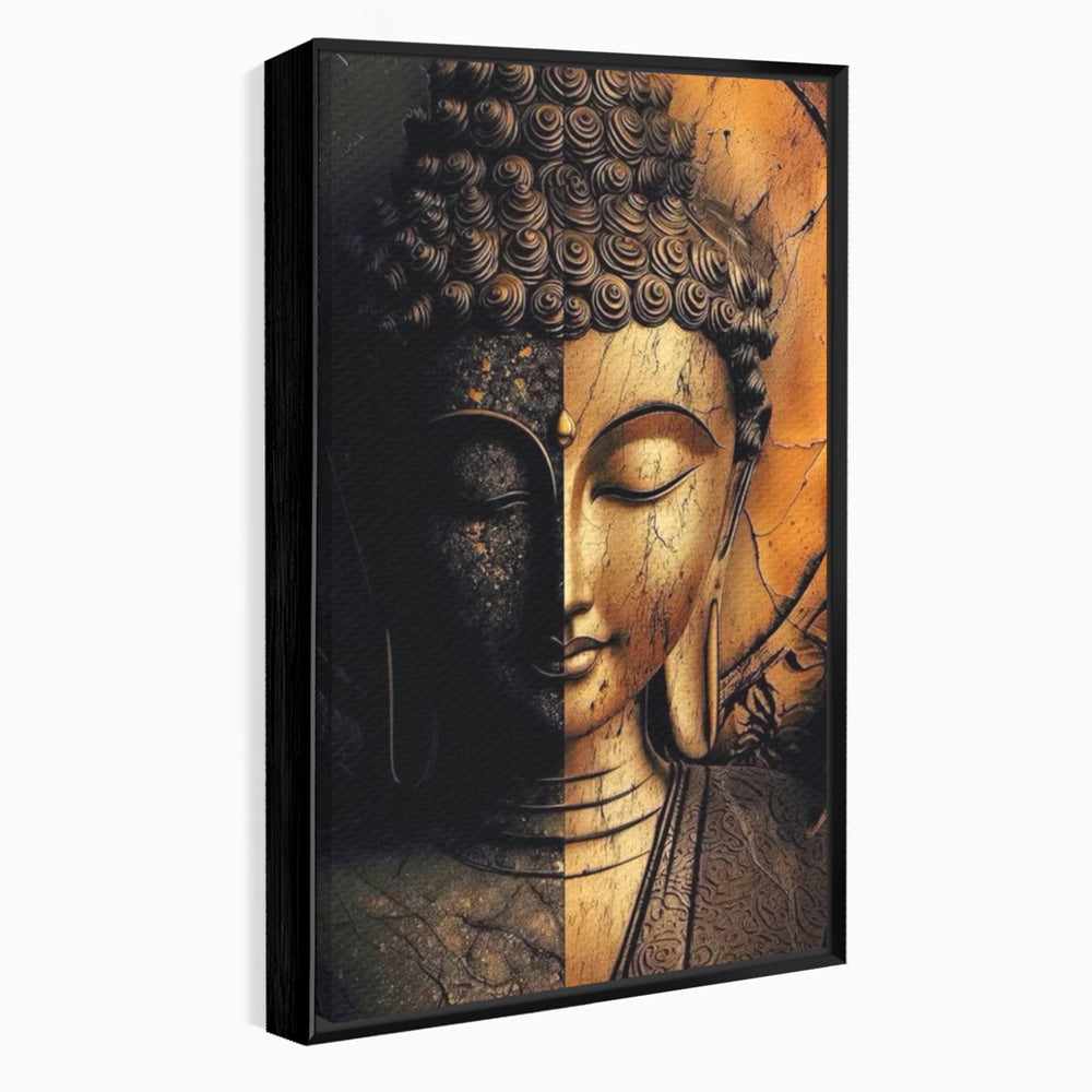 Tablou canvas cu tablou canvas cu chipul lui buddha in doua culori, in rama de aluminiu negru