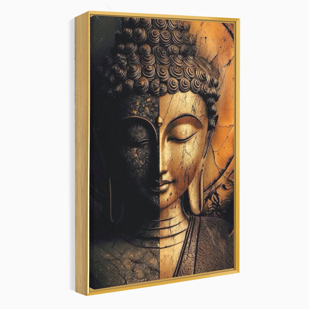 Tablou canvas cu tablou canvas cu chipul lui buddha in doua culori, in rama de aluminiu auriu