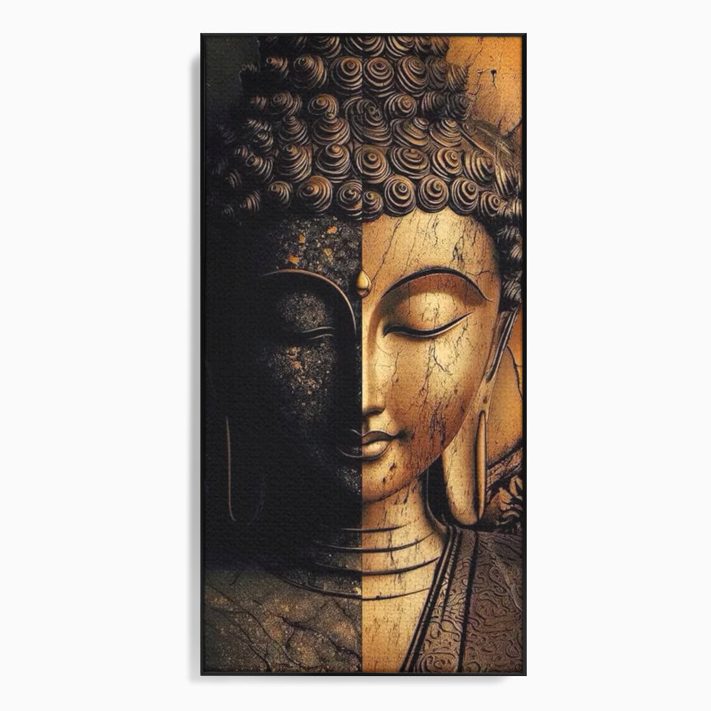Tablou canvas cu tablou canvas cu chipul lui buddha in doua culori, in rama de aluminiu negru