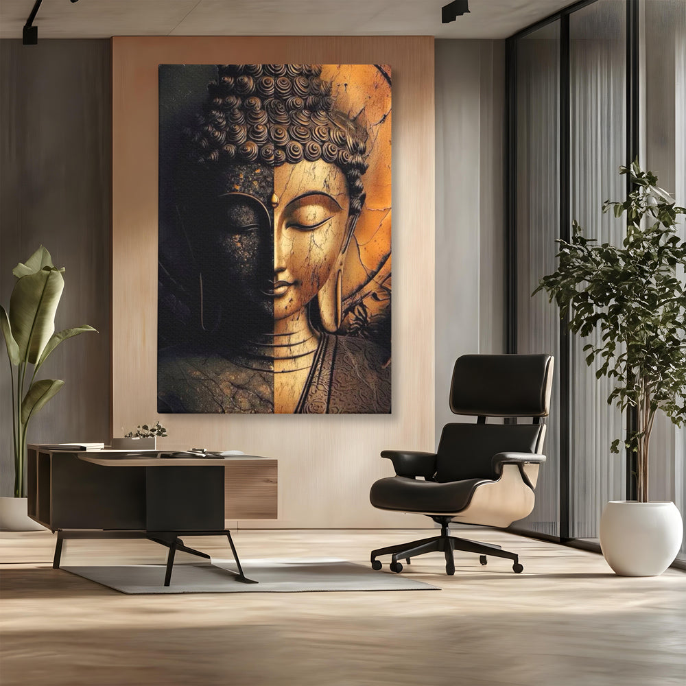Tablou canvas cu tablou canvas cu chipul lui buddha in doua culori, fara rama, pe sasiu de lemn, pe perete intr-un birou