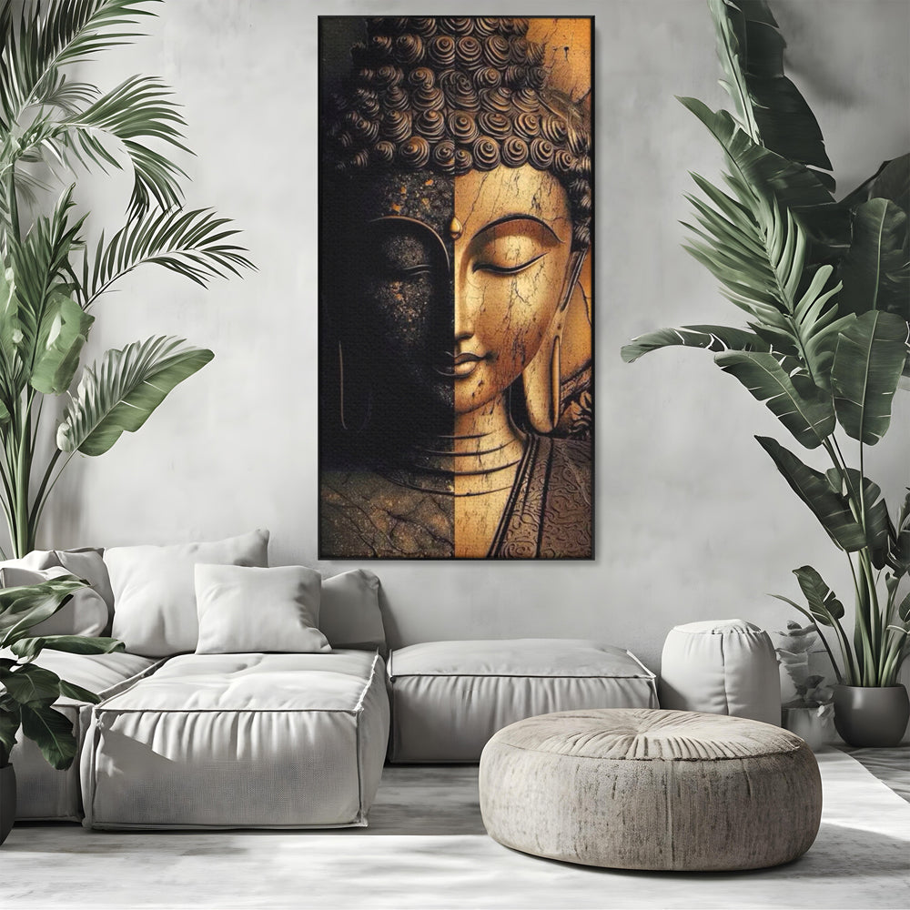 Tablou canvas cu tablou canvas cu chipul lui buddha in doua culori, in rama de aluminiu negru, pe perete intr-un living