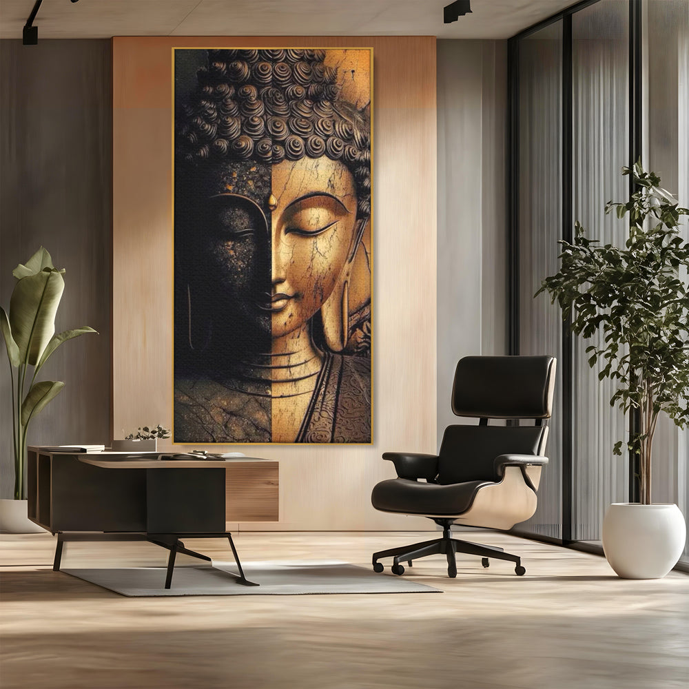 Tablou canvas cu tablou canvas cu chipul lui buddha in doua culori, in rama de aluminiu auriu, pe perete intr-un birou