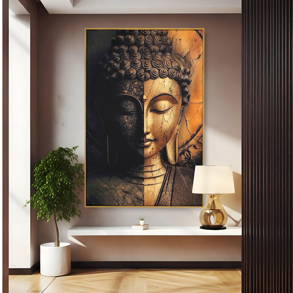 Tablou canvas cu tablou canvas cu chipul lui buddha in doua culori, in rama de aluminiu auriu