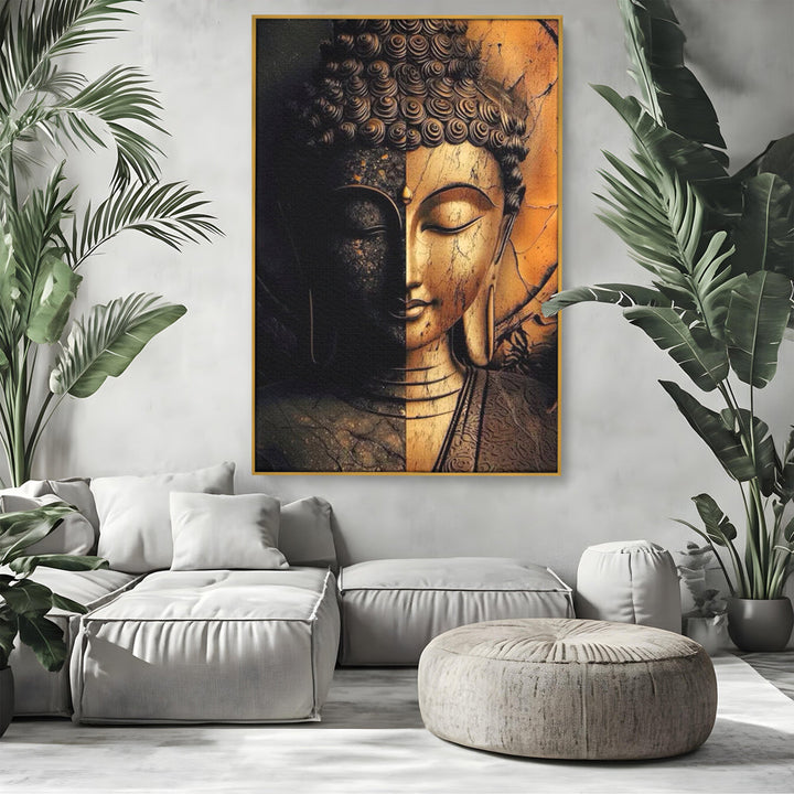 Tablou canvas cu tablou canvas cu chipul lui buddha in doua culori, in rama de aluminiu auriu, pe perete intr-un living