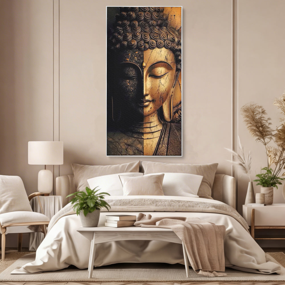 Tablou canvas cu tablou canvas cu chipul lui buddha in doua culori, in rama de aluminiu argintiu, pe perete intr-un dormitor