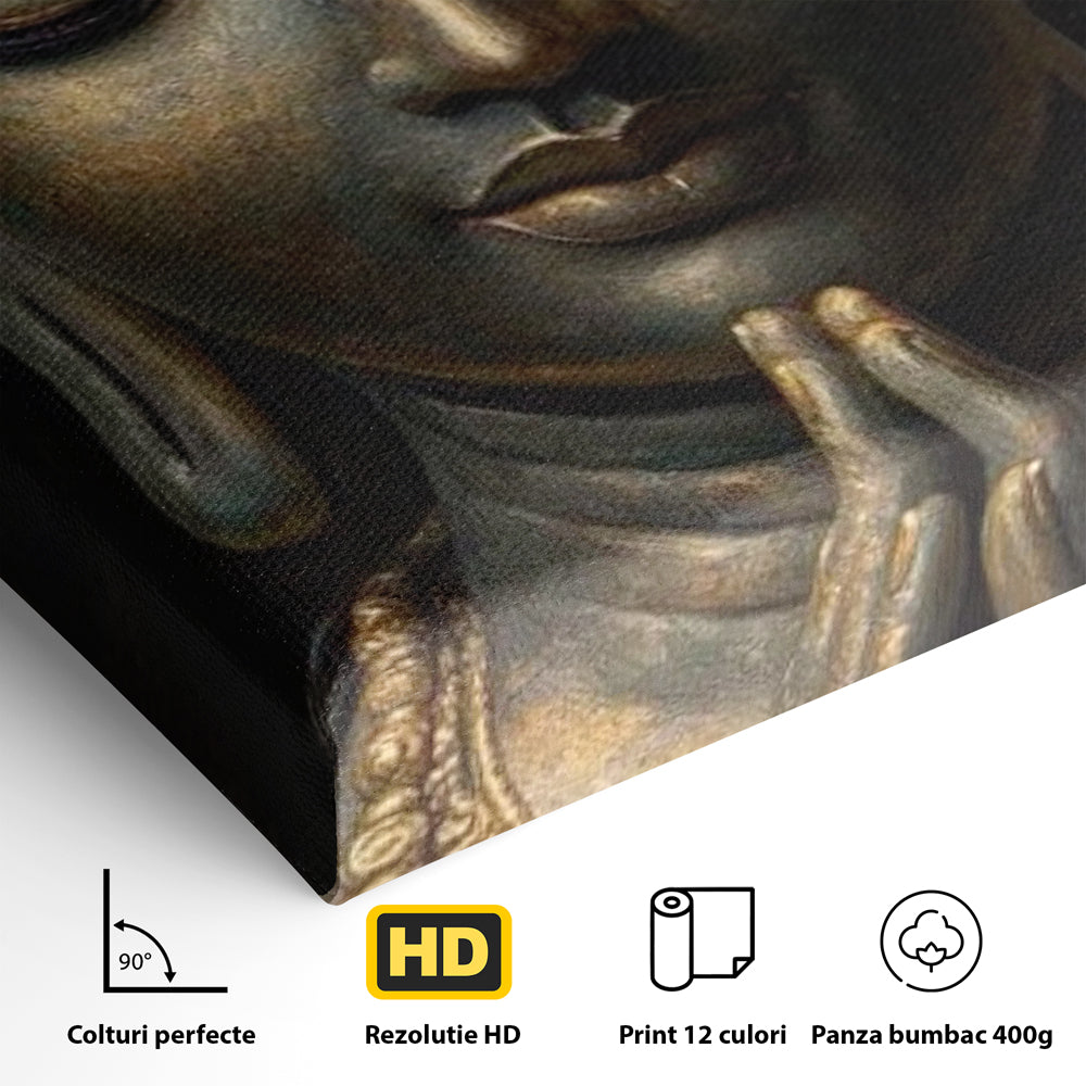 Detaliu al suprafetei: tablou canvas cu buddha in rugaciune, fara rama, pe sasiu de lemn