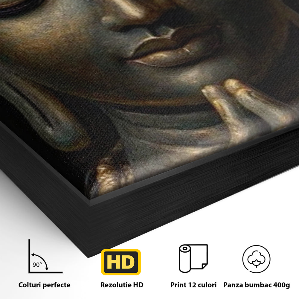 Detaliu al suprafetei: tablou canvas cu buddha in rugaciune, in rama de aluminiu negru
