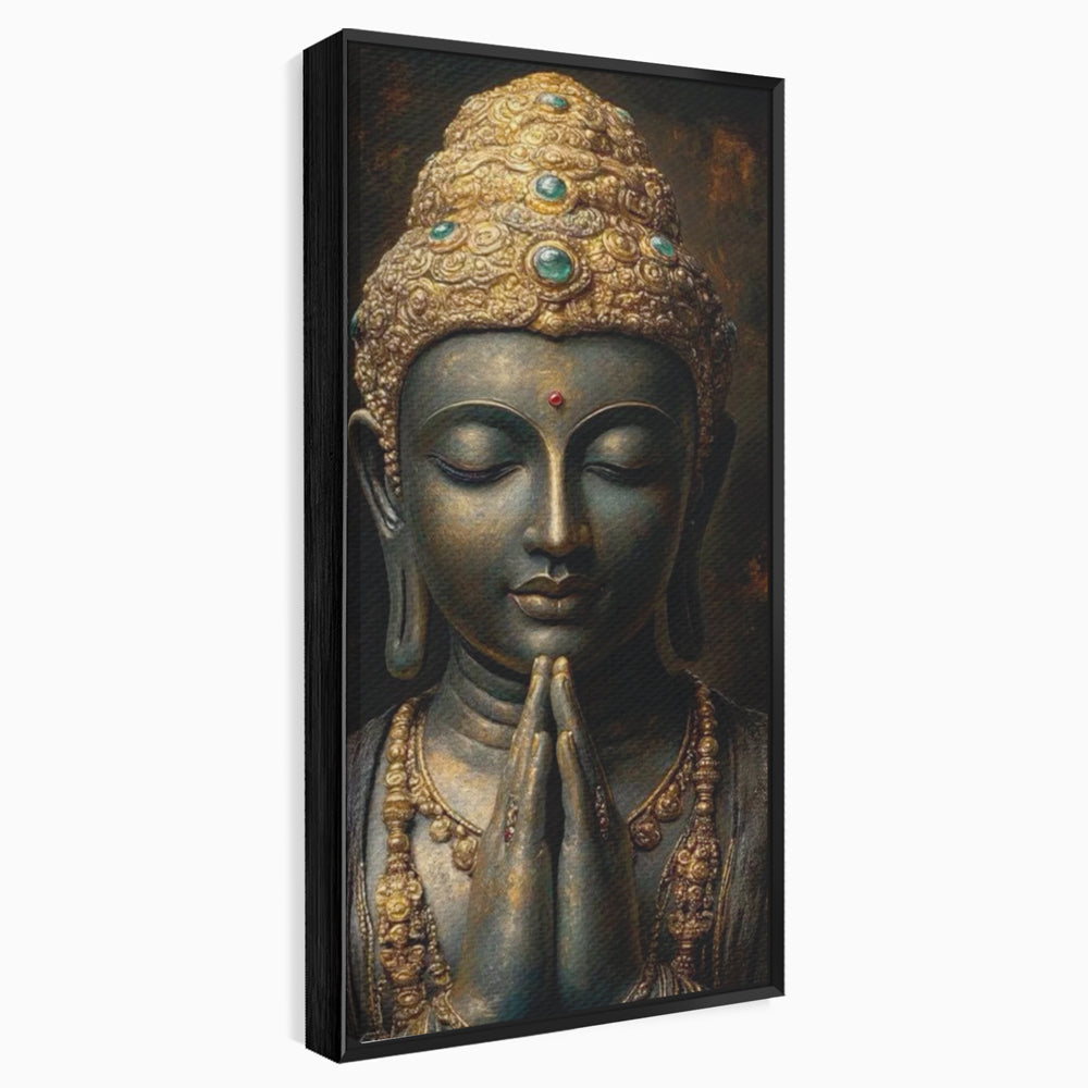 Tablou canvas cu tablou canvas cu buddha in rugaciune, in rama de aluminiu negru