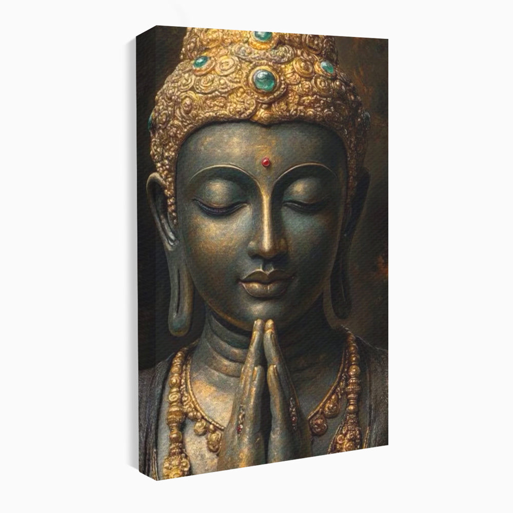 Tablou canvas cu tablou canvas cu buddha in rugaciune, fara rama, pe sasiu de lemn