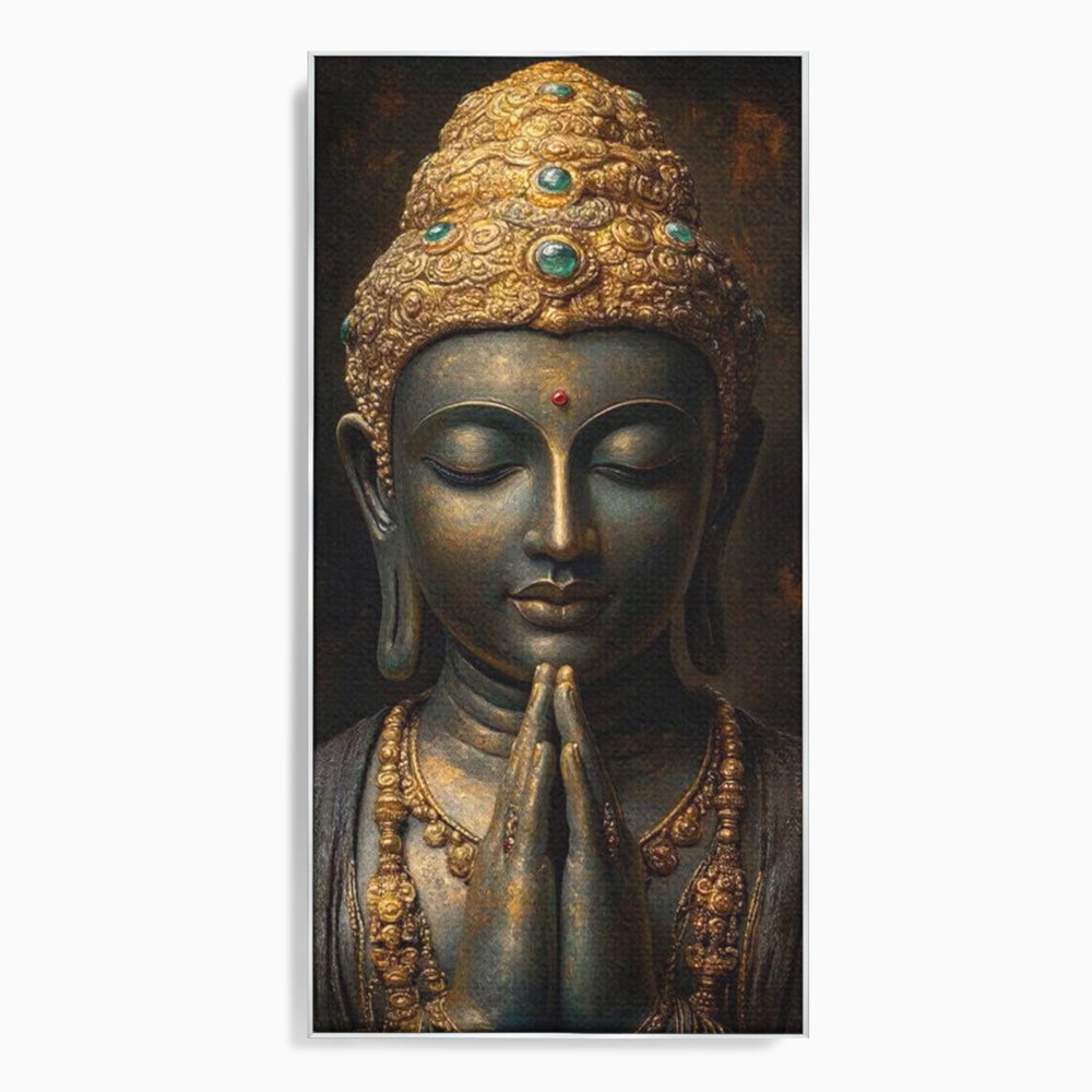Tablou canvas cu tablou canvas cu buddha in rugaciune, in rama de aluminiu argintiu