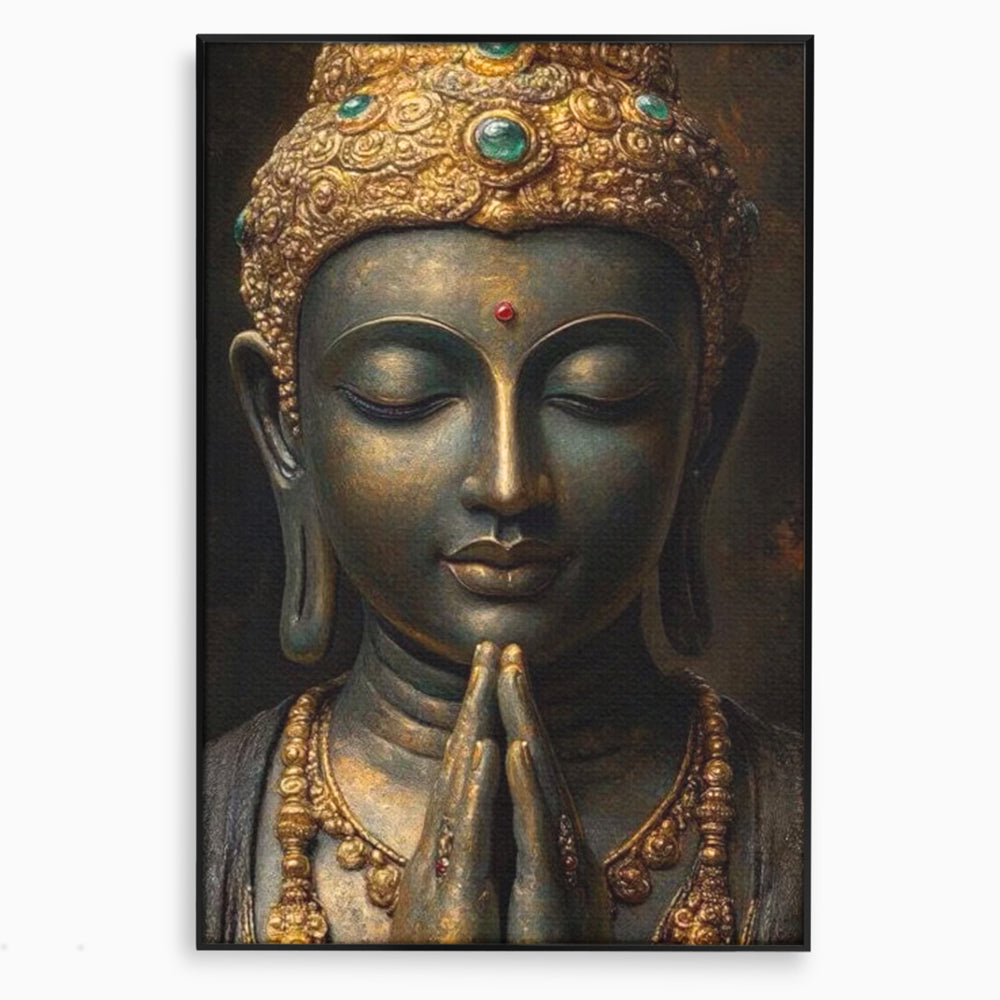 Tablou canvas cu tablou canvas cu buddha in rugaciune, in rama de aluminiu negru