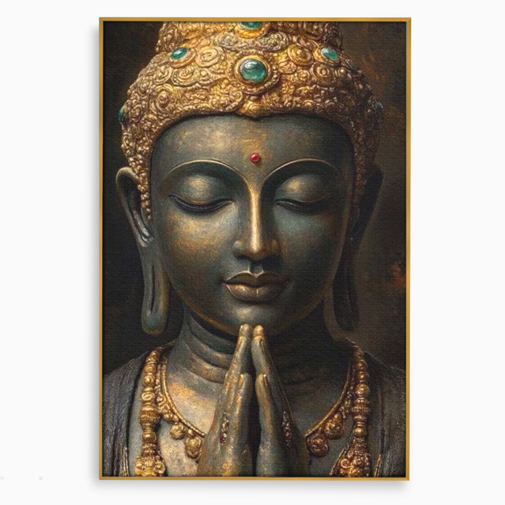 Tablou canvas cu tablou canvas cu buddha in rugaciune, in rama de aluminiu auriu