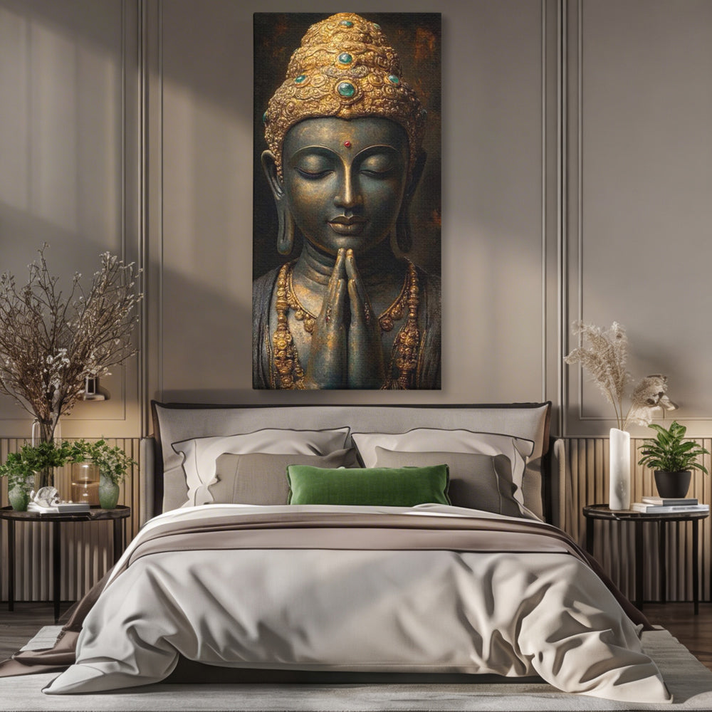 Tablou canvas cu tablou canvas cu buddha in rugaciune, fara rama, pe sasiu de lemn, pe perete intr-un dormitor