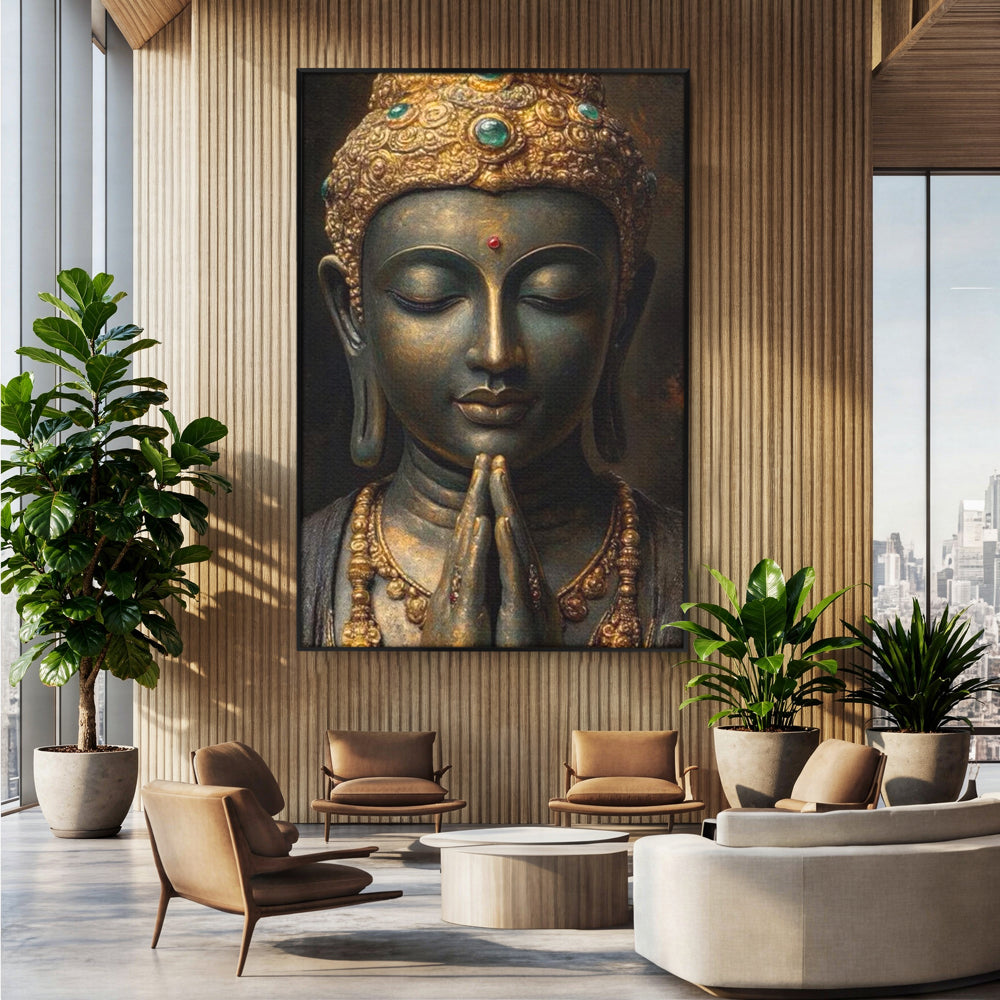 Tablou canvas cu tablou canvas cu buddha in rugaciune, in rama de aluminiu negru, pe perete intr-un birou
