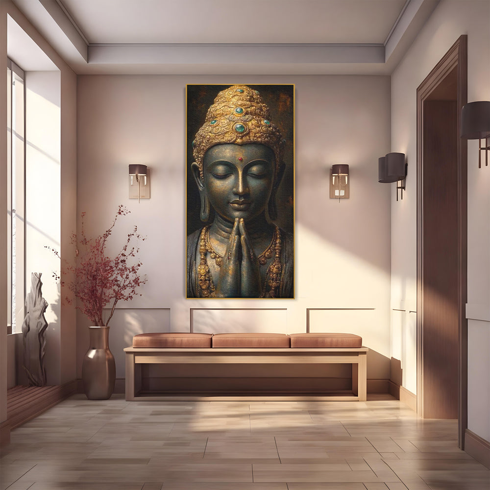 Tablou canvas cu tablou canvas cu buddha in rugaciune, in rama de aluminiu auriu